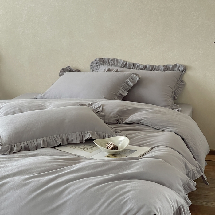 91家纺网 家纺一手货源 找家纺 三味舒屋2025新款花边美学-全棉双层纱四件套 浅花灰