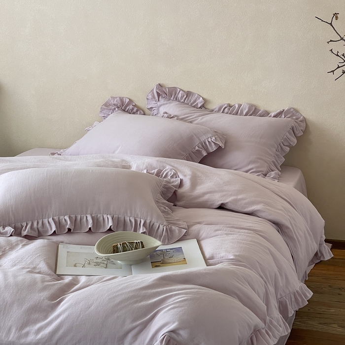 91家纺网 家纺一手货源 找家纺 三味舒屋2025新款花边美学-全棉双层纱四件套 香芋奶昔