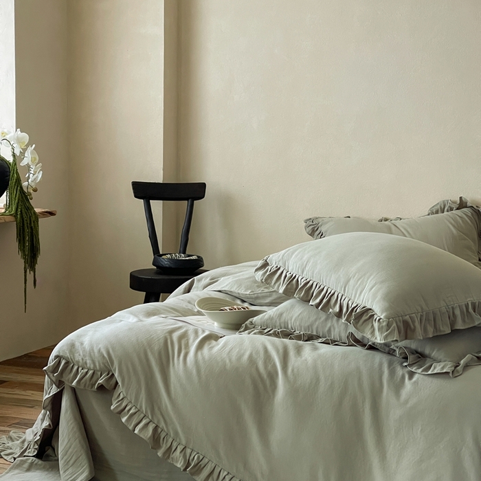 91家纺网 家纺一手货源 找家纺 三味舒屋2025新款花边美学-全棉双层纱四件套 烟波绿