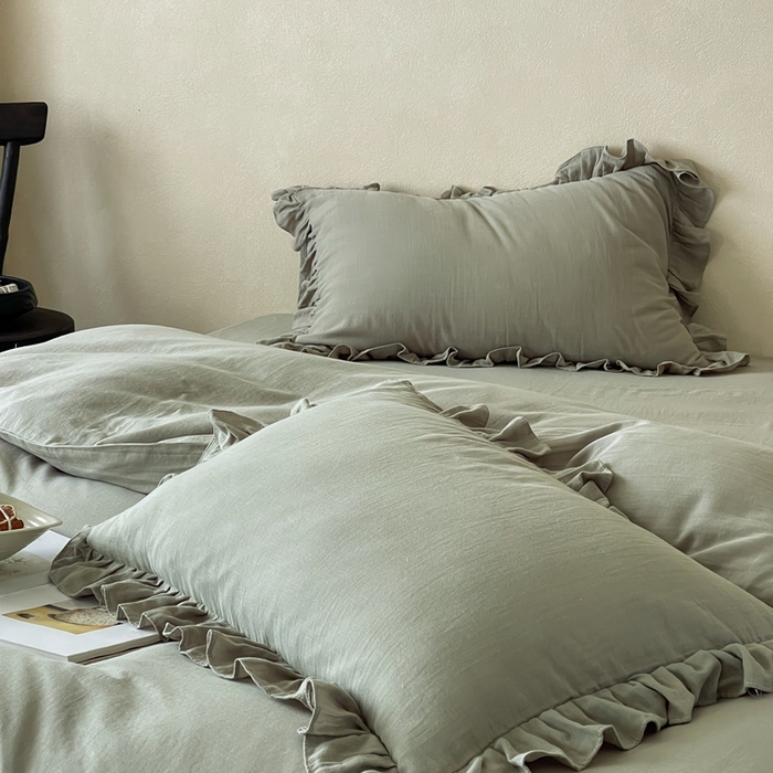 91家纺网 家纺一手货源 找家纺 三味舒屋2025新款花边美学-全棉双层纱四件套 烟波绿