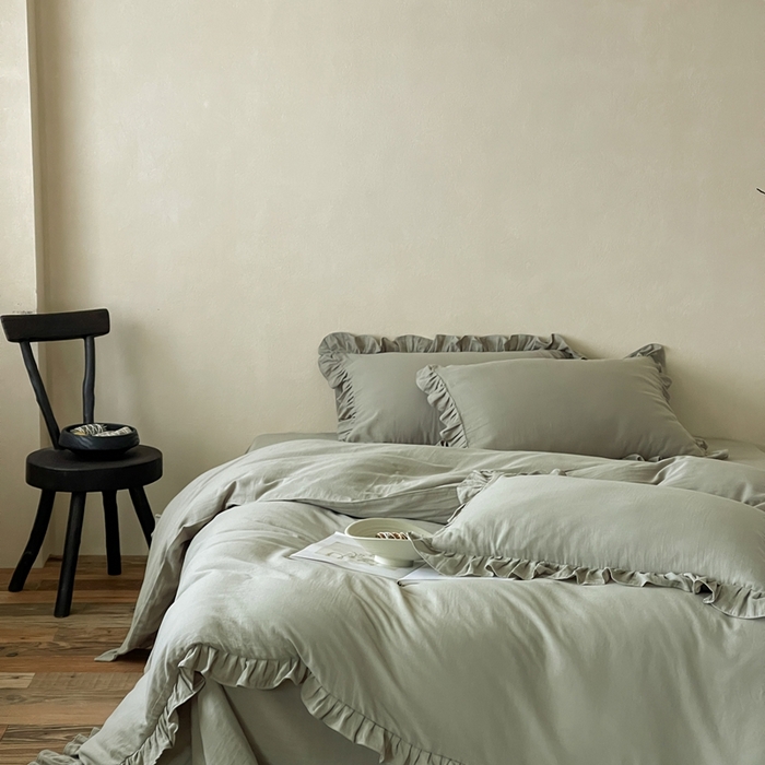 91家纺网 家纺一手货源 找家纺 三味舒屋2025新款花边美学-全棉双层纱四件套 烟波绿