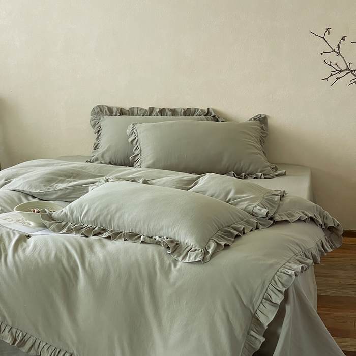 91家纺网 家纺一手货源 找家纺 三味舒屋2025新款花边美学-全棉双层纱四件套 烟波绿