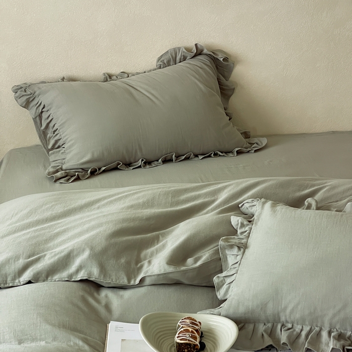 91家纺网 家纺一手货源 找家纺 三味舒屋2025新款花边美学-全棉双层纱四件套 烟波绿