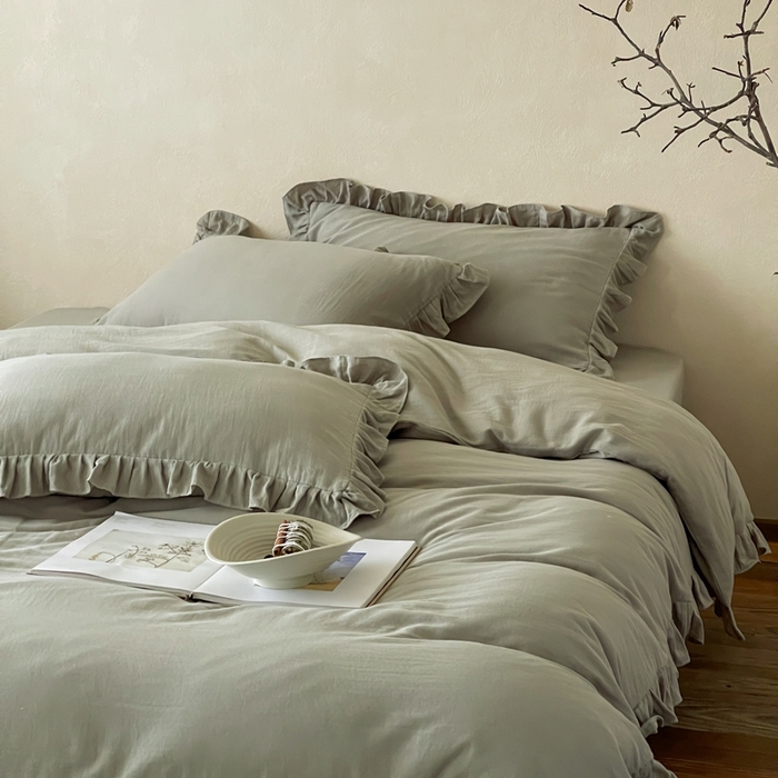 91家纺网 家纺一手货源 找家纺 三味舒屋2025新款花边美学-全棉双层纱四件套 烟波绿