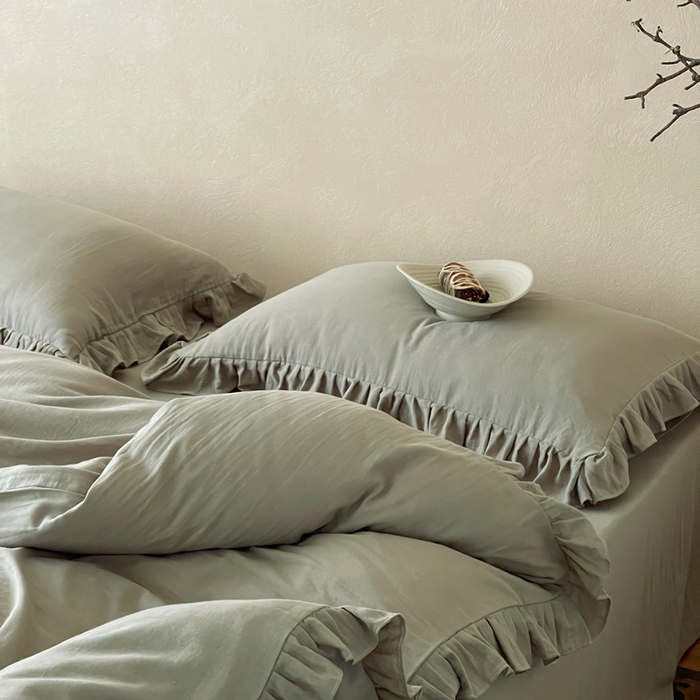 91家纺网 家纺一手货源 找家纺 三味舒屋2025新款花边美学-全棉双层纱四件套 烟波绿