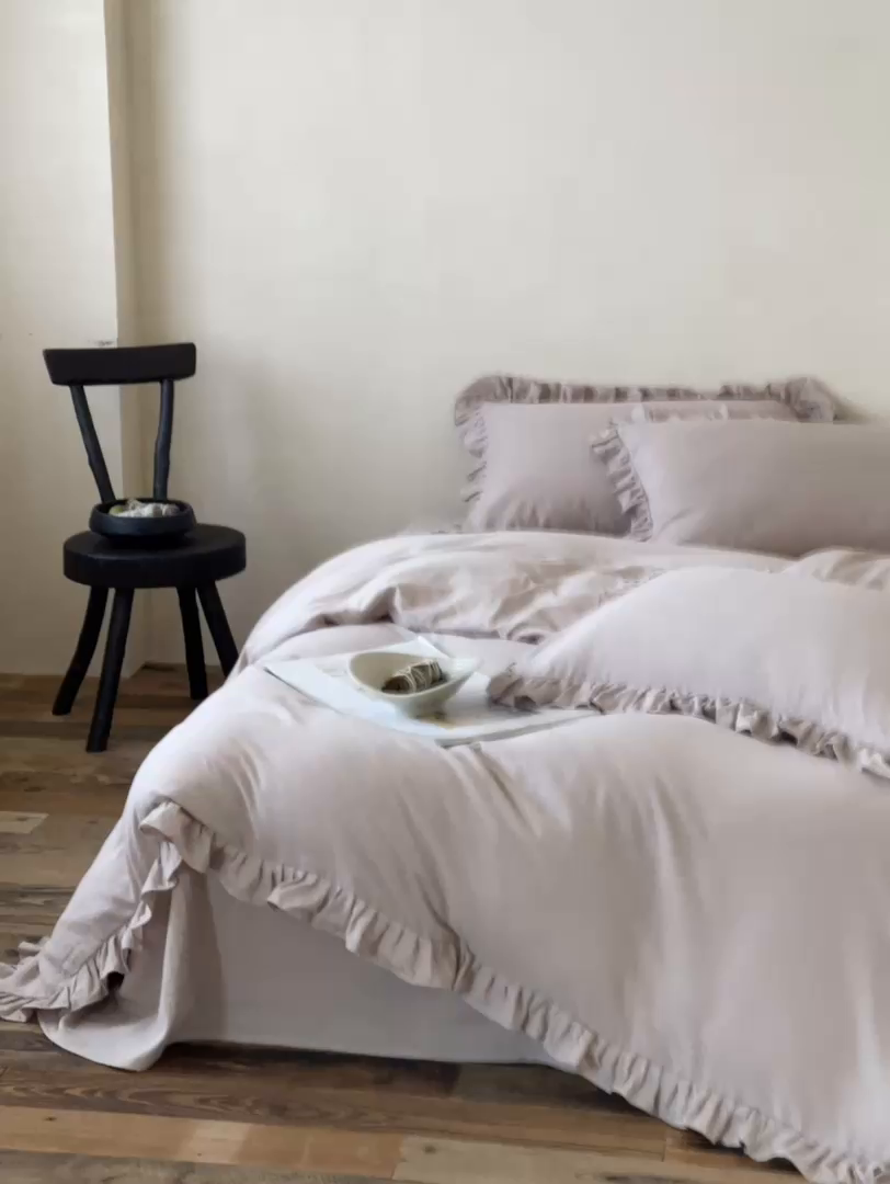 91家纺网 家纺一手货源 找家纺 三味舒屋2025新款花边美学-全棉双层纱四件套 复古棕