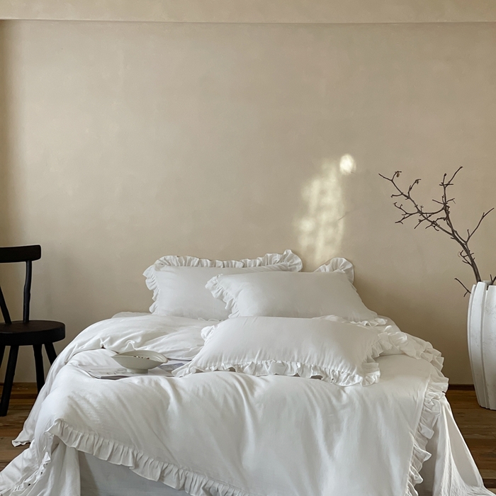 91家纺网 家纺一手货源 找家纺 三味舒屋2025新款花边美学-全棉双层纱四件套 云舒白