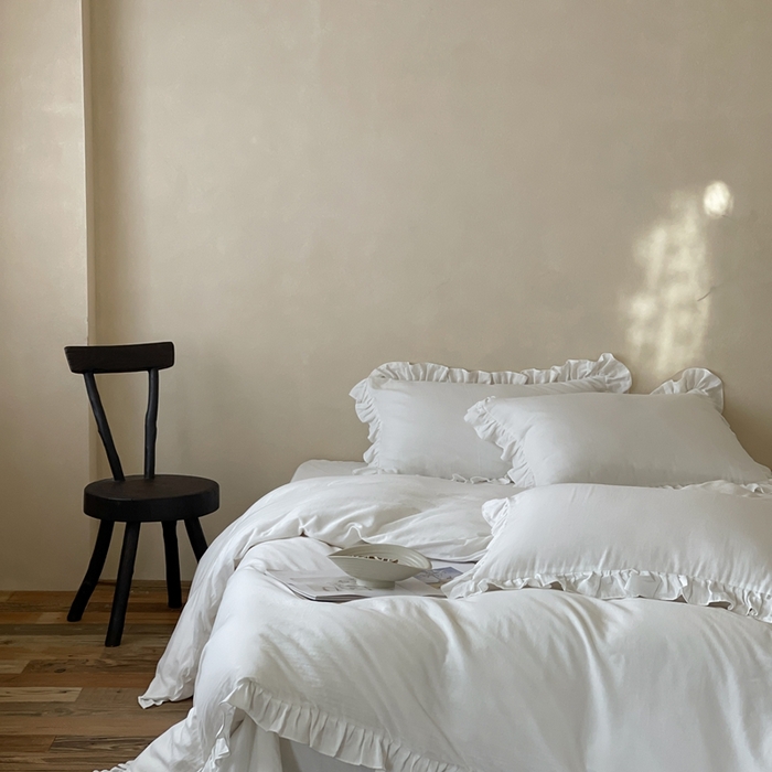 91家纺网 家纺一手货源 找家纺 三味舒屋2025新款花边美学-全棉双层纱四件套 云舒白