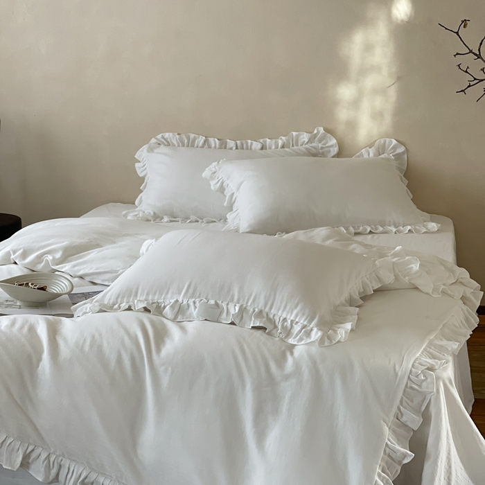 91家纺网 家纺一手货源 找家纺 三味舒屋2025新款花边美学-全棉双层纱四件套 云舒白