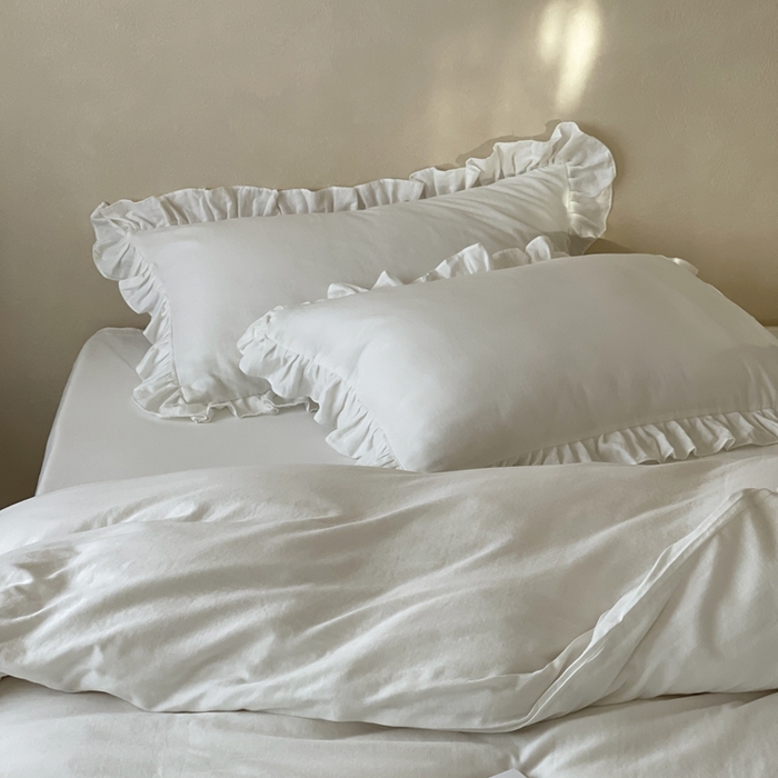 91家纺网 家纺一手货源 找家纺 三味舒屋2025新款花边美学-全棉双层纱四件套 云舒白