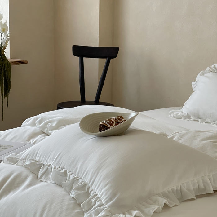 91家纺网 家纺一手货源 找家纺 三味舒屋2025新款花边美学-全棉双层纱四件套 云舒白