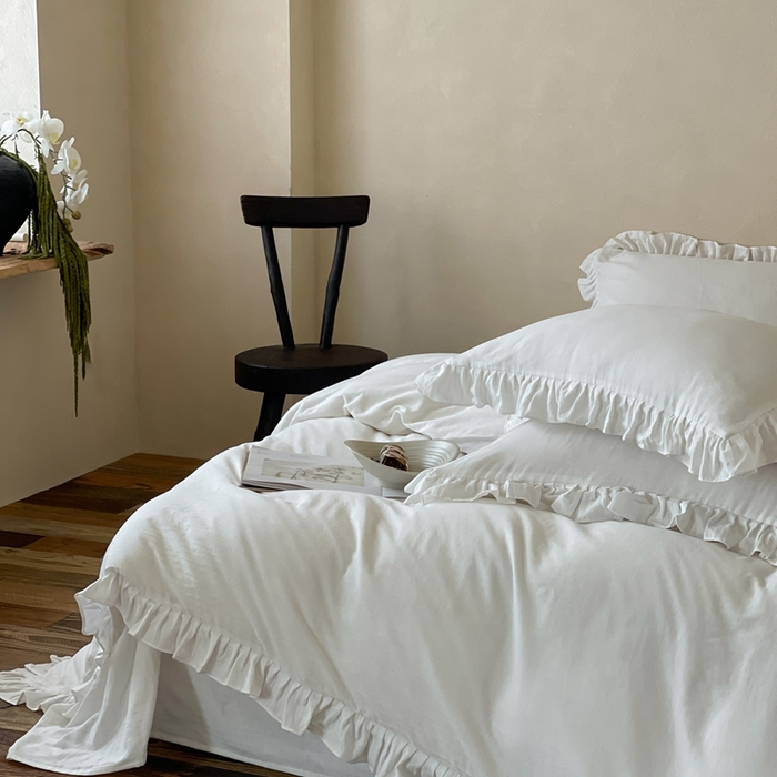 91家纺网 家纺一手货源 找家纺 三味舒屋2025新款花边美学-全棉双层纱四件套 云舒白