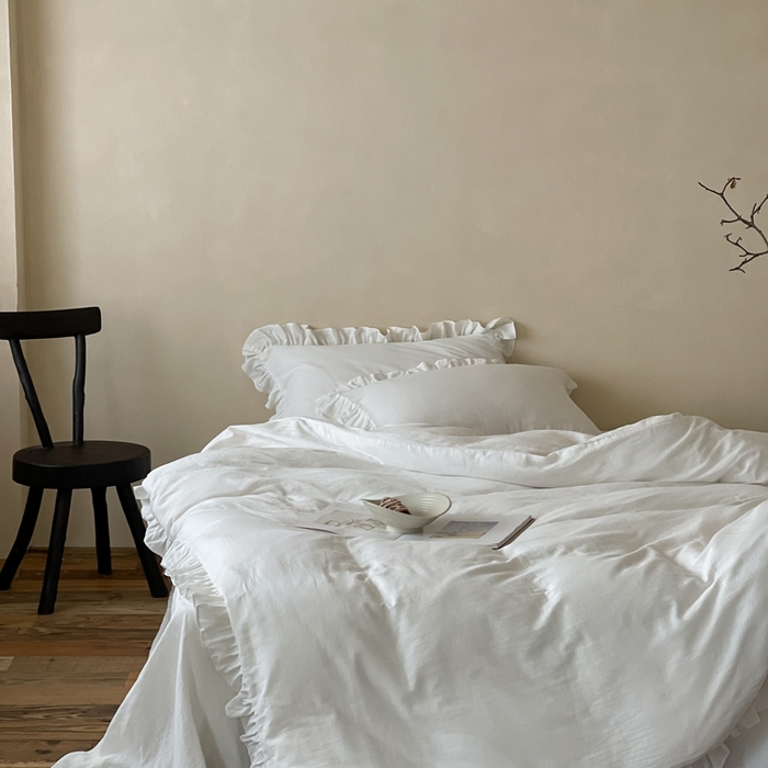 91家纺网 家纺一手货源 找家纺 三味舒屋2025新款花边美学-全棉双层纱四件套 云舒白