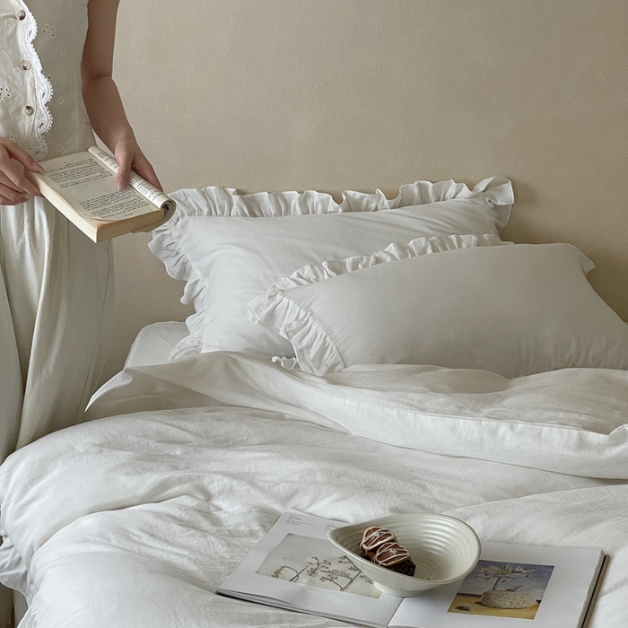 91家纺网 家纺一手货源 找家纺 三味舒屋2025新款花边美学-全棉双层纱四件套 云舒白