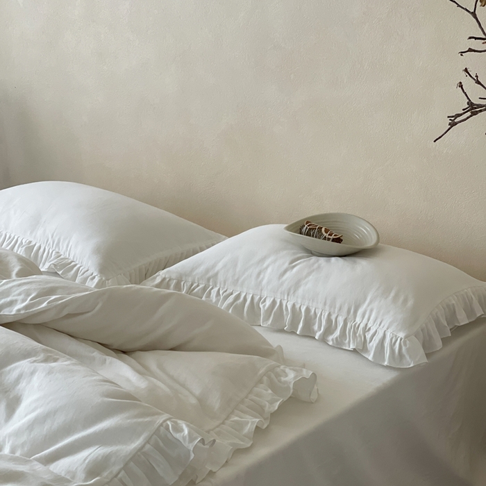 91家纺网 家纺一手货源 找家纺 三味舒屋2025新款花边美学-全棉双层纱四件套 云舒白