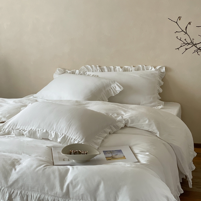 91家纺网 家纺一手货源 找家纺 三味舒屋2025新款花边美学-全棉双层纱四件套 云舒白