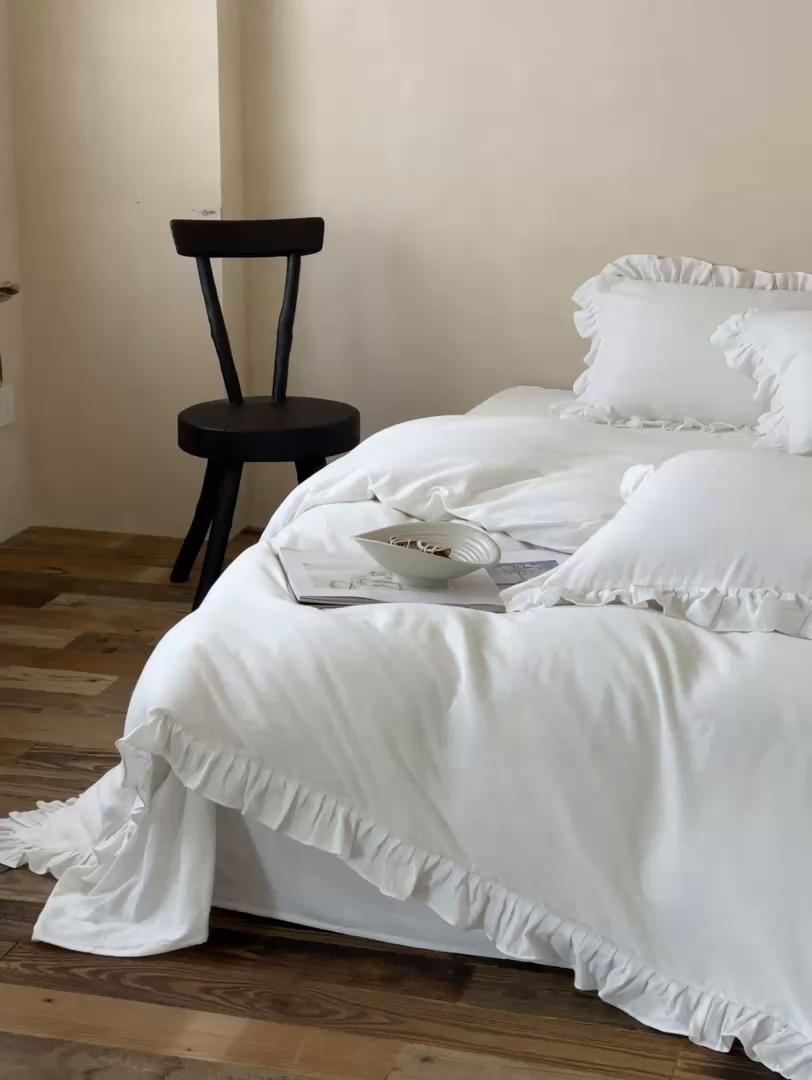 91家纺网 家纺一手货源 找家纺 三味舒屋2025新款花边美学-全棉双层纱四件套 云舒白