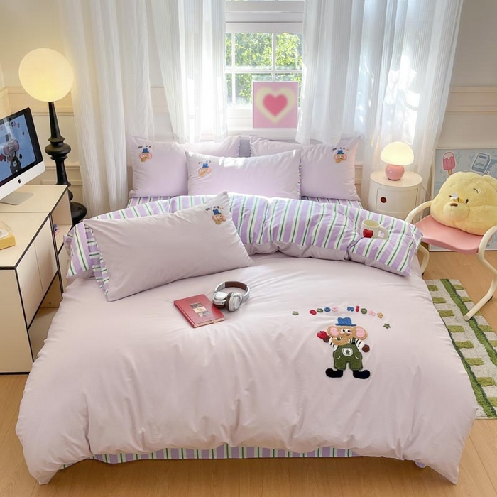 91家纺网 家纺一手货源 找家纺 （总）泽西2025新品全棉套件条纹多巴胺卡通毛巾绣宿舍学生三件套纯棉四件套