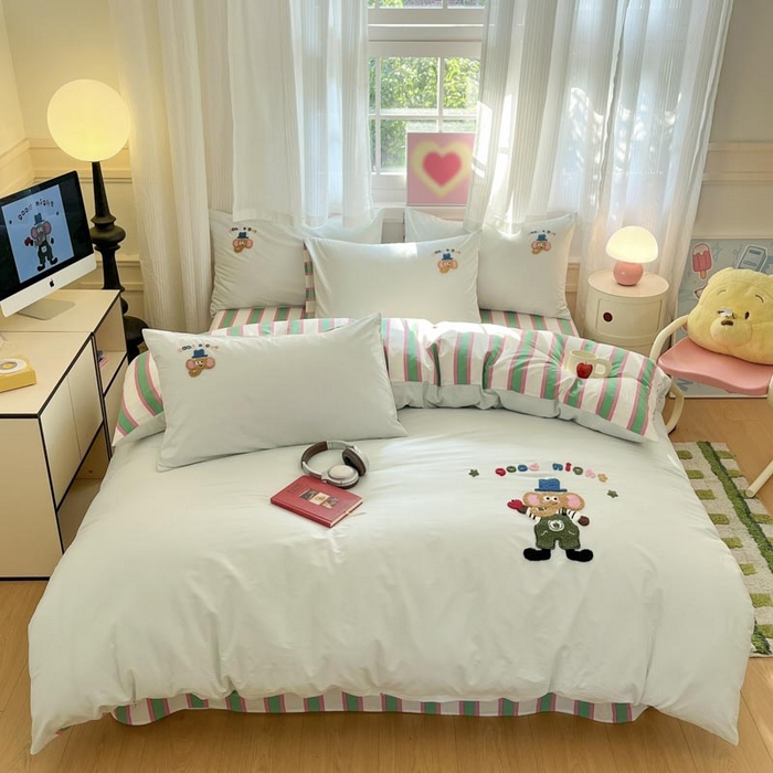 91家纺网 家纺一手货源 找家纺 （总）泽西2025新品全棉套件条纹多巴胺卡通毛巾绣宿舍学生三件套纯棉四件套