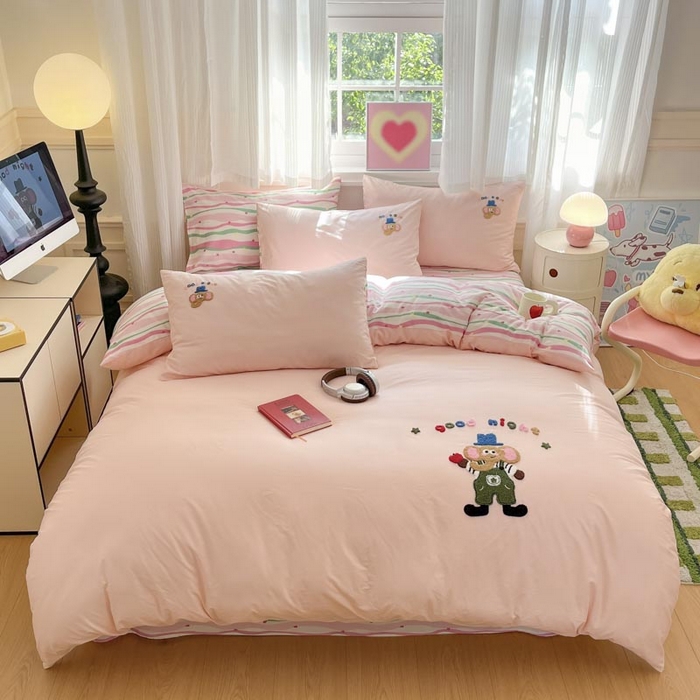 91家纺网 家纺一手货源 找家纺 （总）泽西2025新品全棉套件条纹多巴胺卡通毛巾绣宿舍学生三件套纯棉四件套