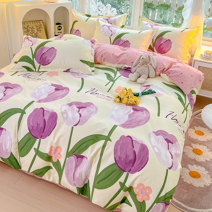 91家纺网 家纺一手货源 找家纺 文黛家居 2025新款植物羊绒小版花四件套 郁金香-紫