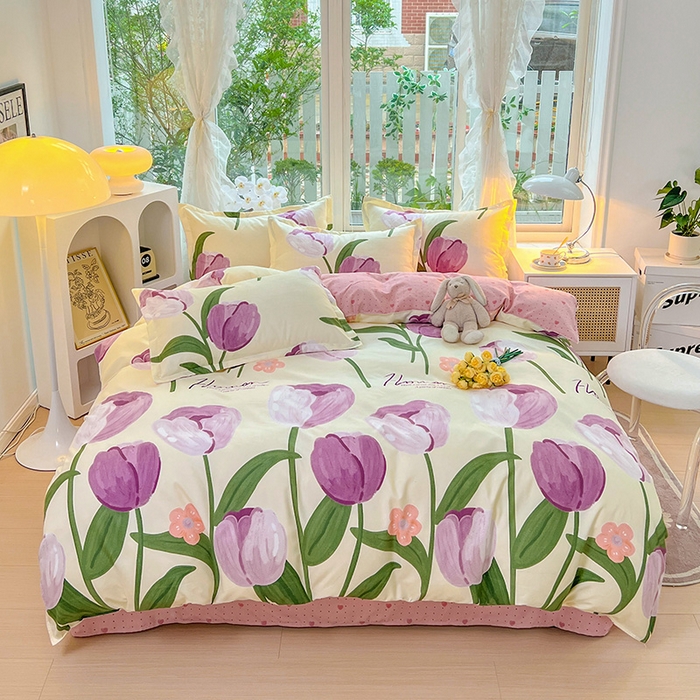 91家纺网 家纺一手货源 找家纺 文黛家居 2025新款植物羊绒小版花四件套 郁金香-紫