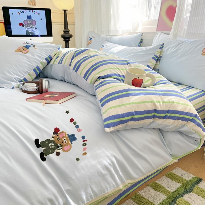 91家纺网 家纺一手货源 找家纺 （总）泽西2025新品全棉套件条纹多巴胺卡通毛巾绣宿舍学生三件套纯棉四件套