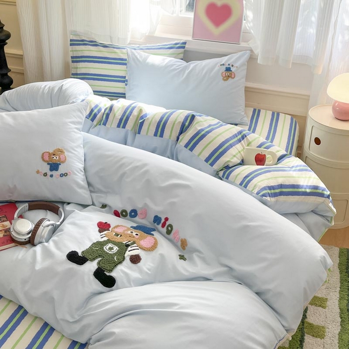 91家纺网 家纺一手货源 找家纺 （总）泽西2025新品全棉套件条纹多巴胺卡通毛巾绣宿舍学生三件套纯棉四件套