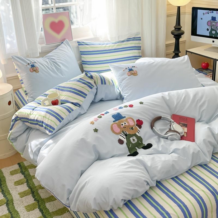 91家纺网 家纺一手货源 找家纺 （总）泽西2025新品全棉套件条纹多巴胺卡通毛巾绣宿舍学生三件套纯棉四件套