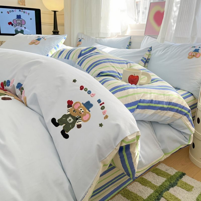 91家纺网 家纺一手货源 找家纺 （总）泽西2025新品全棉套件条纹多巴胺卡通毛巾绣宿舍学生三件套纯棉四件套