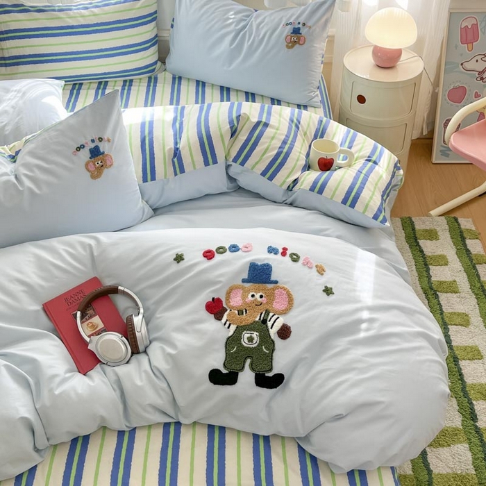 91家纺网 家纺一手货源 找家纺 （总）泽西2025新品全棉套件条纹多巴胺卡通毛巾绣宿舍学生三件套纯棉四件套