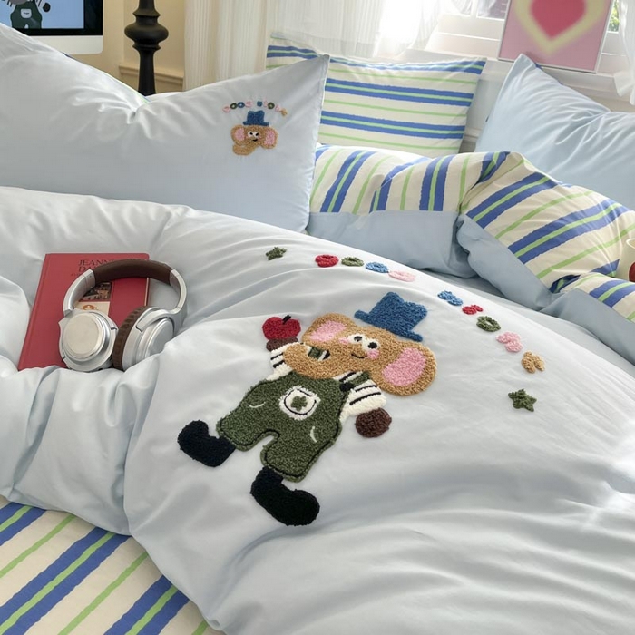 91家纺网 家纺一手货源 找家纺 （总）泽西2025新品全棉套件条纹多巴胺卡通毛巾绣宿舍学生三件套纯棉四件套