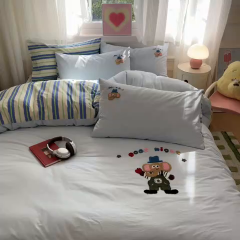 91家纺网 家纺一手货源 找家纺 （总）泽西2025新品全棉套件条纹多巴胺卡通毛巾绣宿舍学生三件套纯棉四件套