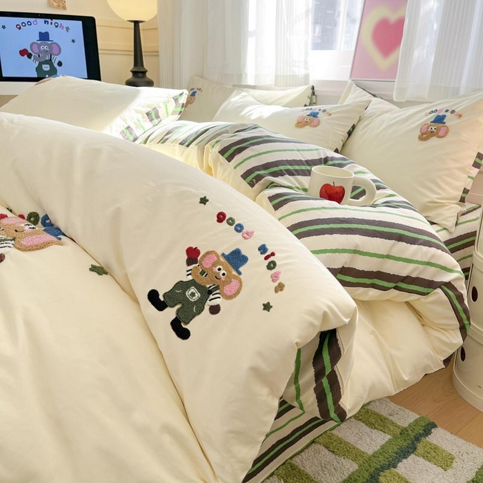 91家纺网 家纺一手货源 找家纺 泽西家纺+V17798841158发大图 2025新品全棉毛巾绣多巴胺条纹纯棉四件套三件套 小象贝格-米黄