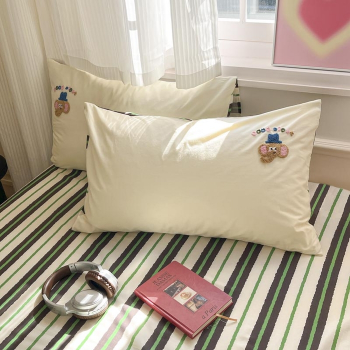 91家纺网 家纺一手货源 找家纺 泽西家纺+V17798841158发大图 2025新品全棉毛巾绣多巴胺条纹纯棉四件套三件套 小象贝格-米黄