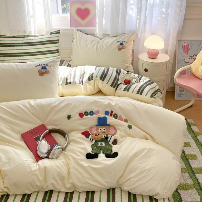 91家纺网 家纺一手货源 找家纺 泽西家纺+V17798841158发大图 2025新品全棉毛巾绣多巴胺条纹纯棉四件套三件套 小象贝格-米黄