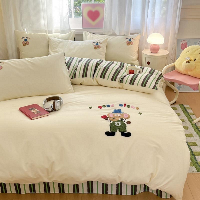 91家纺网 家纺一手货源 找家纺 泽西家纺+V17798841158发大图 2025新品全棉毛巾绣多巴胺条纹纯棉四件套三件套 小象贝格-米黄