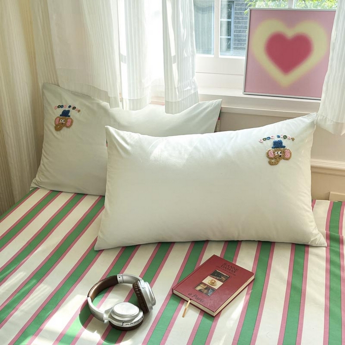 91家纺网 家纺一手货源 找家纺 泽西家纺+V17798841158发大图 2025新品全棉毛巾绣多巴胺条纹纯棉四件套三件套 小象贝格-水绿