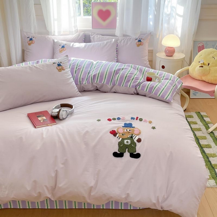 91家纺网 家纺一手货源 找家纺 泽西家纺+V17798841158发大图 2025新品全棉毛巾绣多巴胺条纹纯棉四件套三件套 小象贝格-芋紫