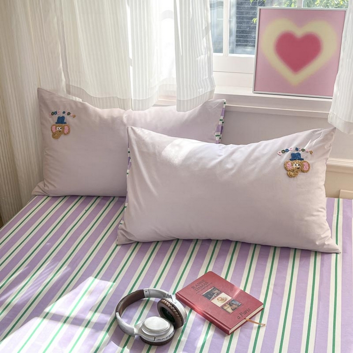 91家纺网 家纺一手货源 找家纺 泽西家纺+V17798841158发大图 2025新品全棉毛巾绣多巴胺条纹纯棉四件套三件套 小象贝格-芋紫