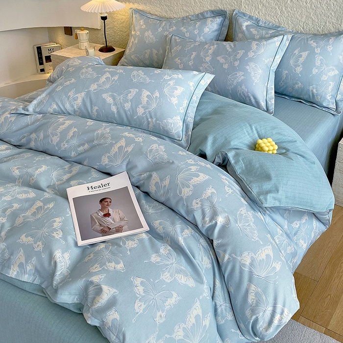 91家纺网 家纺一手货源 找家纺 悦织湾家纺 2025新款100%全棉磨毛四件套加厚加密喷气织造纯棉床上用品印花卡通小清新 蝴蝶-兰