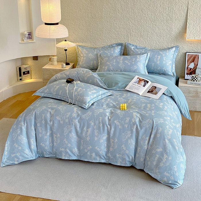 91家纺网 家纺一手货源 找家纺 悦织湾家纺 2025新款100%全棉磨毛四件套加厚加密喷气织造纯棉床上用品印花卡通小清新 蝴蝶-兰