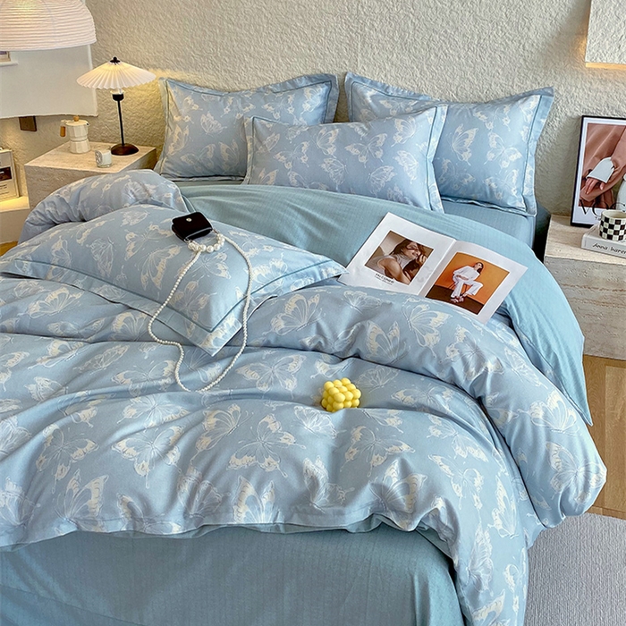 91家纺网 家纺一手货源 找家纺 悦织湾家纺 2025新款100%全棉磨毛四件套加厚加密喷气织造纯棉床上用品印花卡通小清新 蝴蝶-兰