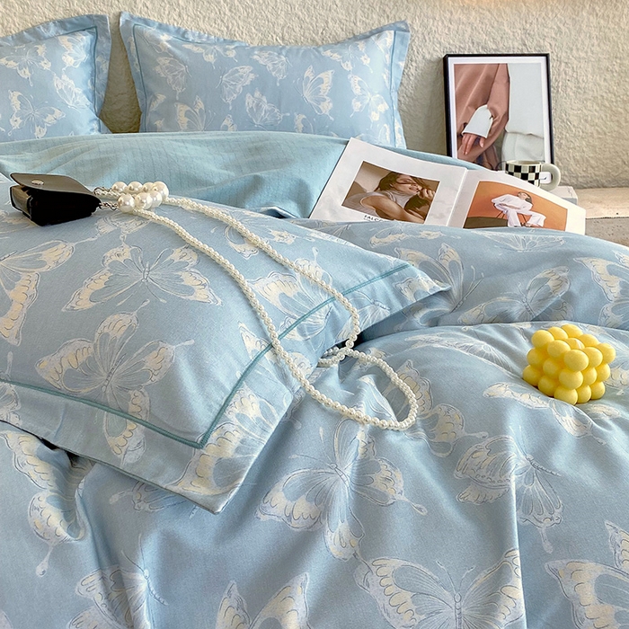 91家纺网 家纺一手货源 找家纺 悦织湾家纺 2025新款100%全棉磨毛四件套加厚加密喷气织造纯棉床上用品印花卡通小清新 蝴蝶-兰