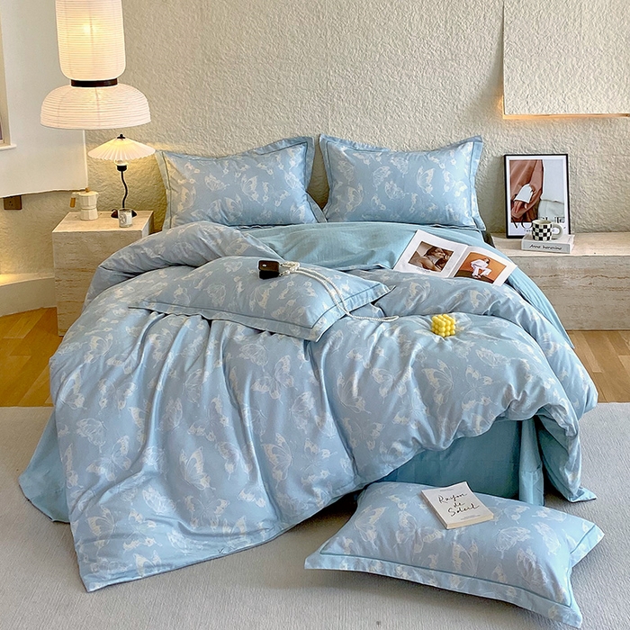 91家纺网 家纺一手货源 找家纺 悦织湾家纺 2025新款100%全棉磨毛四件套加厚加密喷气织造纯棉床上用品印花卡通小清新 蝴蝶-兰