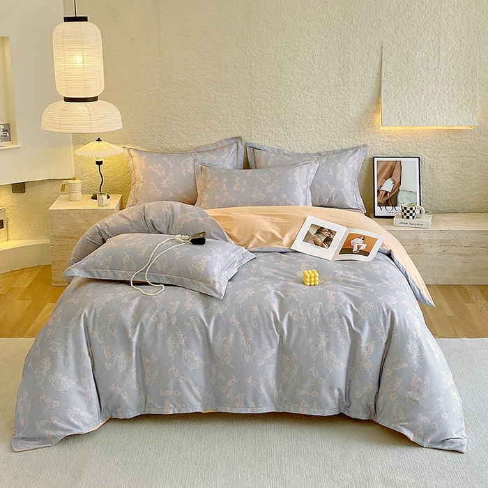 91家纺网 家纺一手货源 找家纺 悦织湾家纺 2025新款100%全棉磨毛四件套加厚加密喷气织造纯棉床上用品印花卡通小清新 蝴蝶-灰