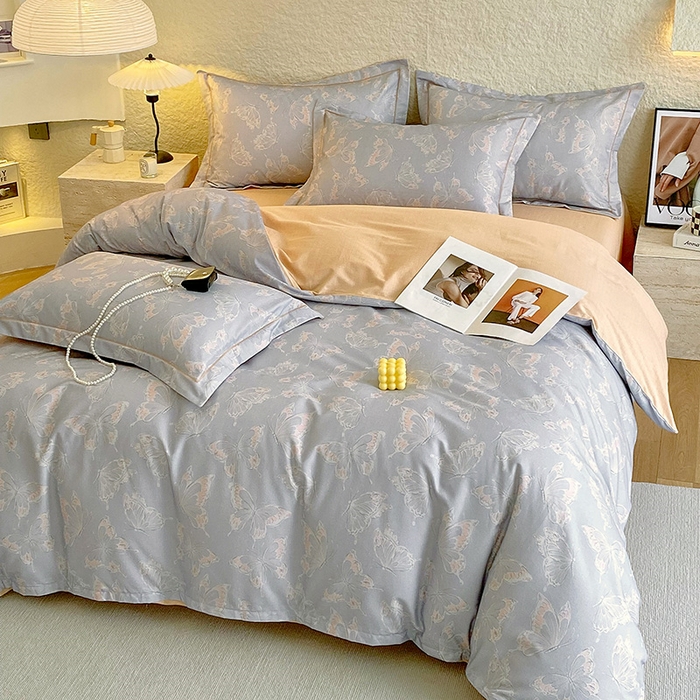 91家纺网 家纺一手货源 找家纺 悦织湾家纺 2025新款100%全棉磨毛四件套加厚加密喷气织造纯棉床上用品印花卡通小清新 蝴蝶-灰