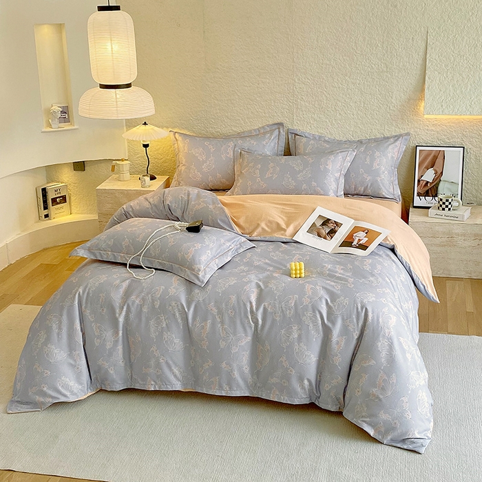 91家纺网 家纺一手货源 找家纺 悦织湾家纺 2025新款100%全棉磨毛四件套加厚加密喷气织造纯棉床上用品印花卡通小清新 蝴蝶-灰