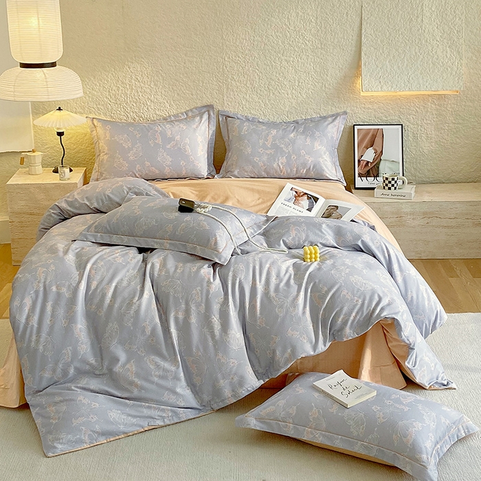 91家纺网 家纺一手货源 找家纺 悦织湾家纺 2025新款100%全棉磨毛四件套加厚加密喷气织造纯棉床上用品印花卡通小清新 蝴蝶-灰