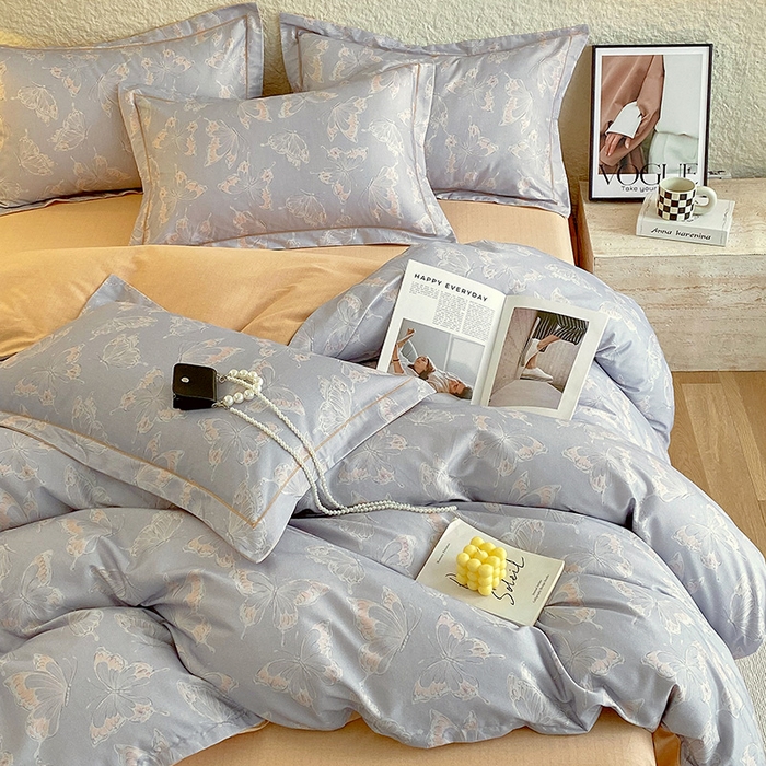 91家纺网 家纺一手货源 找家纺 悦织湾家纺 2025新款100%全棉磨毛四件套加厚加密喷气织造纯棉床上用品印花卡通小清新 蝴蝶-灰